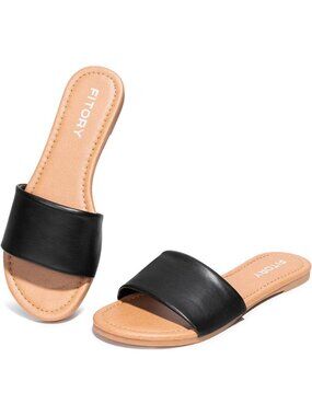 Women's Black Fashion Round Toe Classic Single Strap Slip On Slide Sandal Shoes
